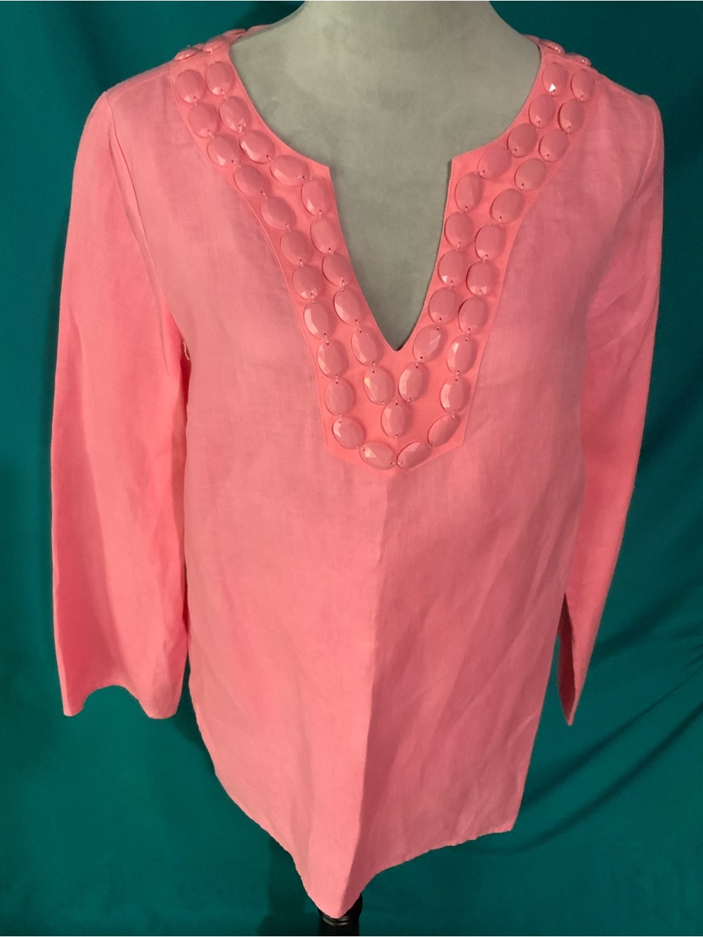 Talbots Coral Pink Beaded 100% Linen V-Neck Tunic